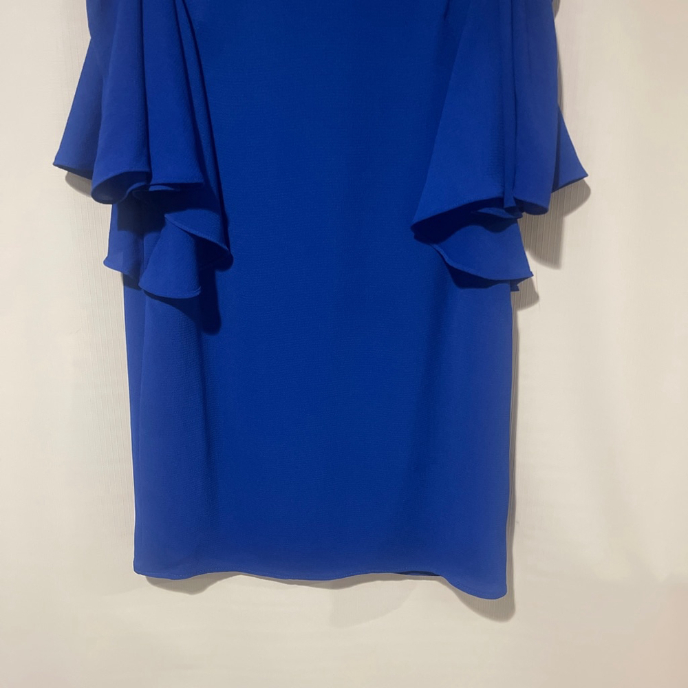 Women's London Times Royal Blue Cold Shoulder Ruffle Mini Dress US 4 - Picture 4 of 9